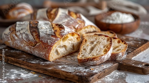Freshly baked traditional sourdough bread sliced on rustic wooden background for bakery lovers