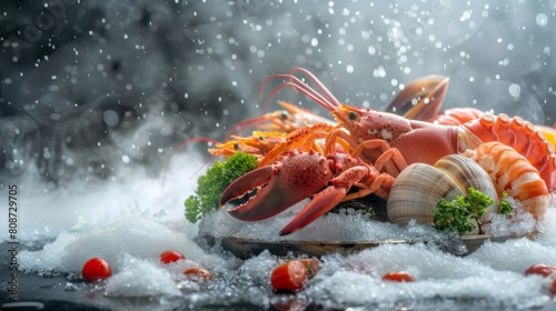 Front view of variety of fresh luxury seafood  Lobster salmon stone crab mackerel crayfish prawn octopus mussel and scallop  on ice background with icy smoke