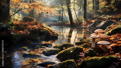 Agaricus mushrooms growing alongside a babbling brook with crystal clear waters, surrounded by autumn leaves. photo