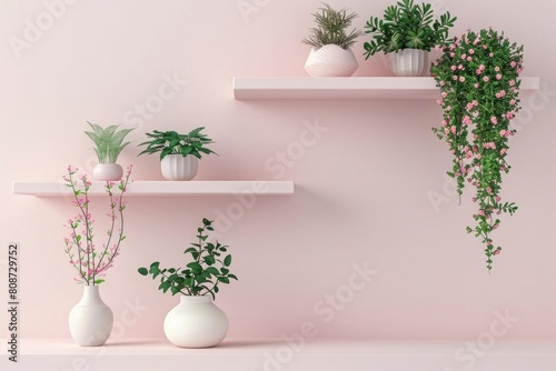 Modern pink shelfs on white wall with decorative items with plant in a vase