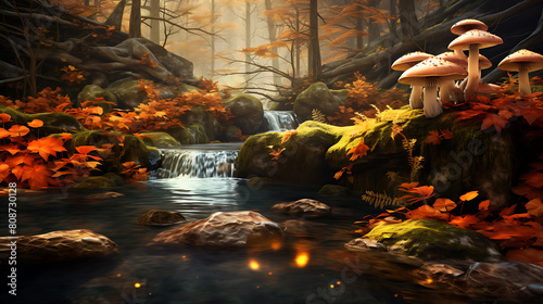 Agaricus mushrooms growing alongside a babbling brook with crystal clear waters, surrounded by autumn leaves. photo