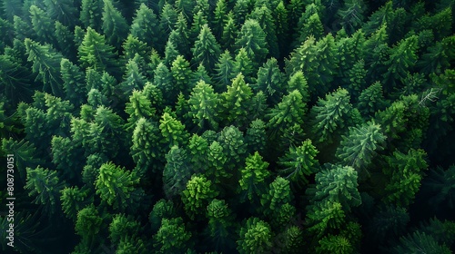A hyper-realistic drone photograph of an evergreen forest from above  with dense clusters of coniferous trees creating a seamless sea of dark green  evoking a sense of tranquility and wilderness.