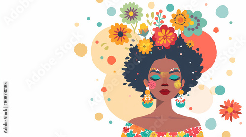 This cute illustration features an Indian woman adorned with flowers in her hair  depicted in a simple graphic vector style. The illustration highlights the beauty and elegance of traditional Indian 