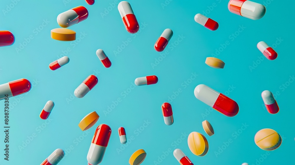 Many pills and capsules are flying in the air. Many pills and capsules are flying in the air.