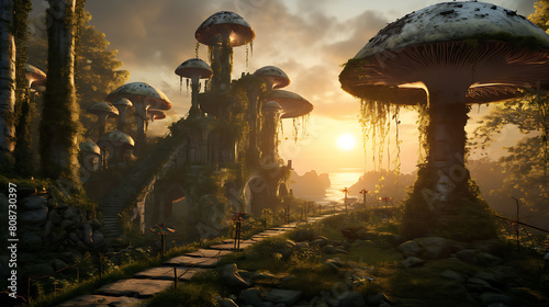 Agaricus mushrooms growing amidst ancient ruins covered in moss and ivy, with the sun setting behind the columns. photo