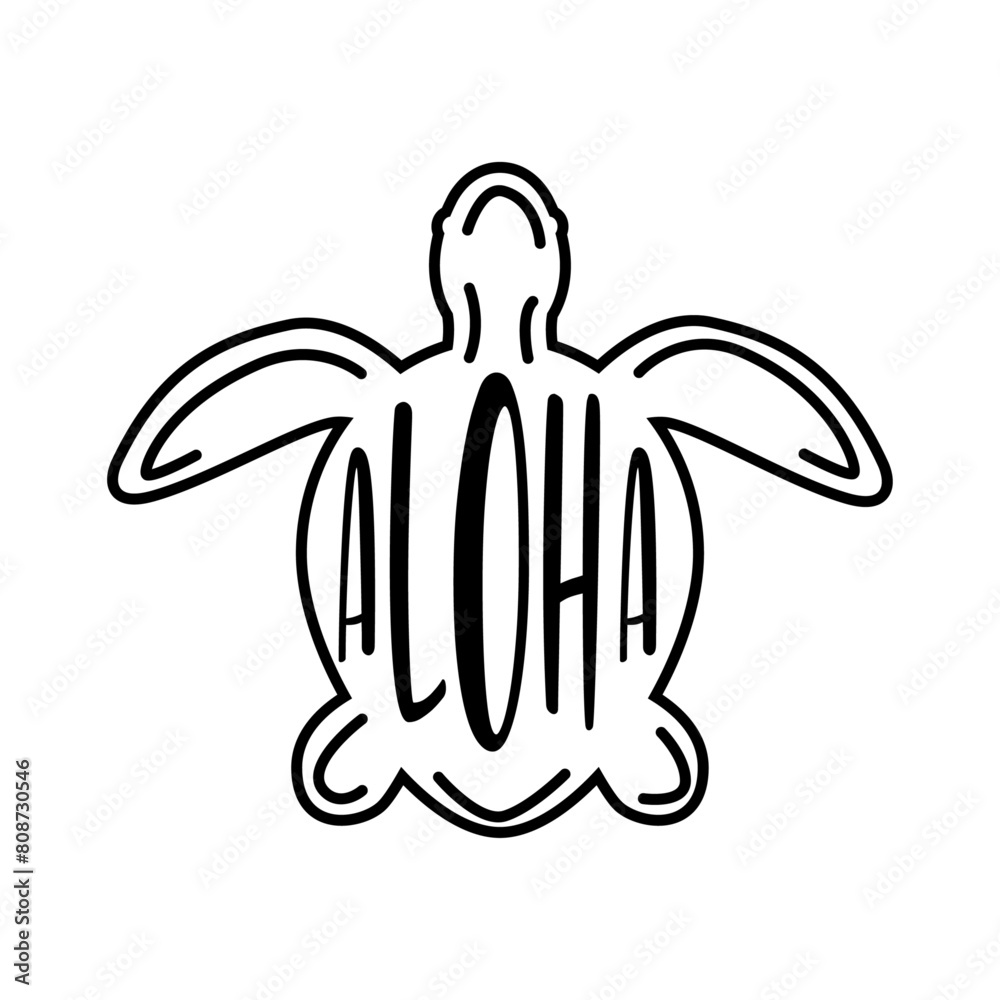 Logo vacaciones en Hawái. Silueta de tortuga marina con lineas con letras de la palabra hawaiana aloha Logo vacaciones en Hawái. Silueta de tortuga marina con lineas con letras de la palabra hawaiana aloha