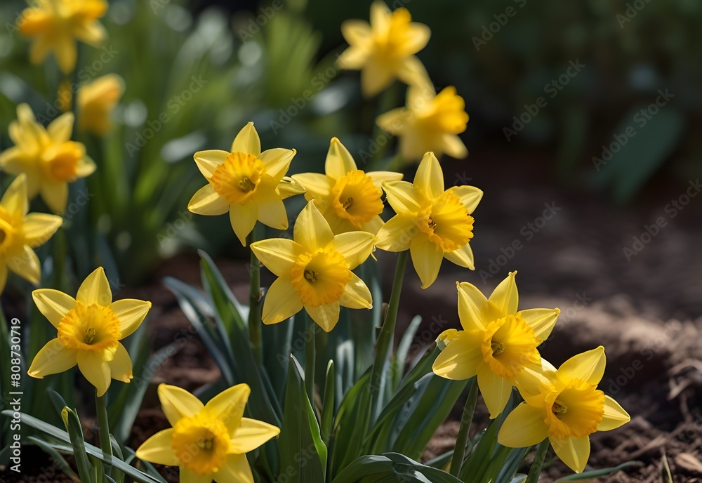 Sunlit yellow jonquils blooming in a garden bed , generative AI