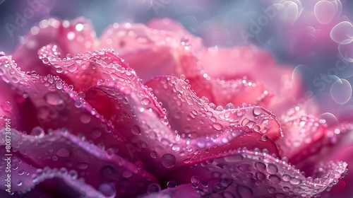 A macro photography scene capturing the moment fine pink dust particles settle on a dew-covered rose petal  highlighting the intricate textures and vibrant color contrasts.