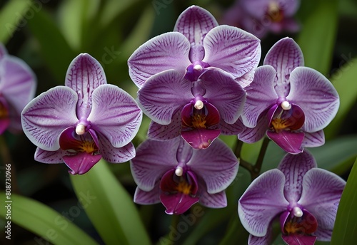 Purple orchids nestled among glossy green leaves  generative AI