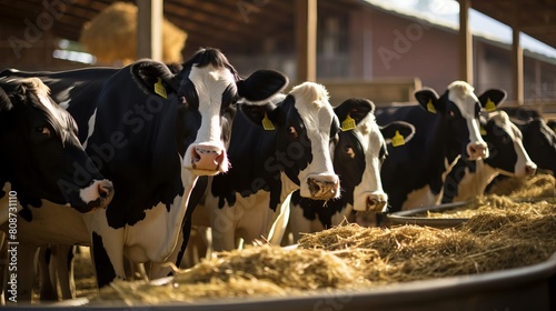 A group of cows are eating hay in a barn. The cows are black and white and are standing in a circle