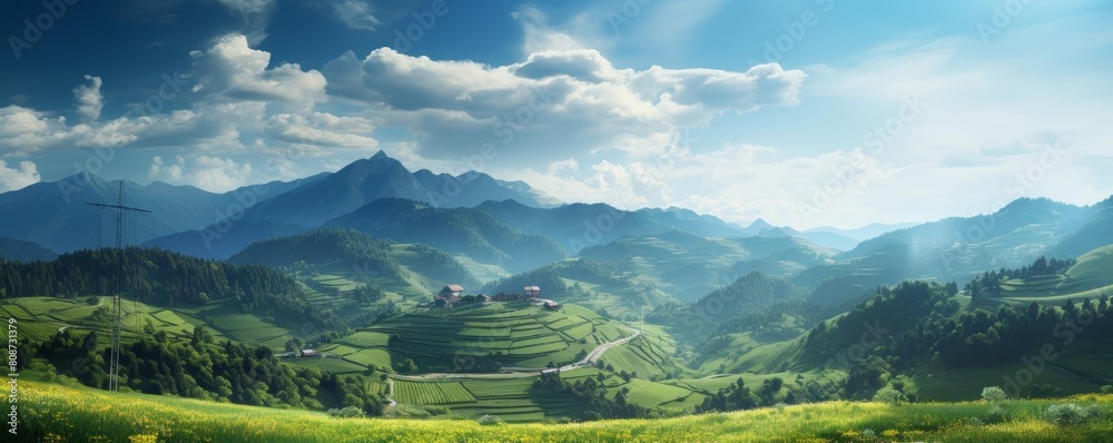 A beautiful mountain landscape with a winding road that leads to a small village. The sky is clear and the sun is shining, creating a peaceful and serene atmosphere