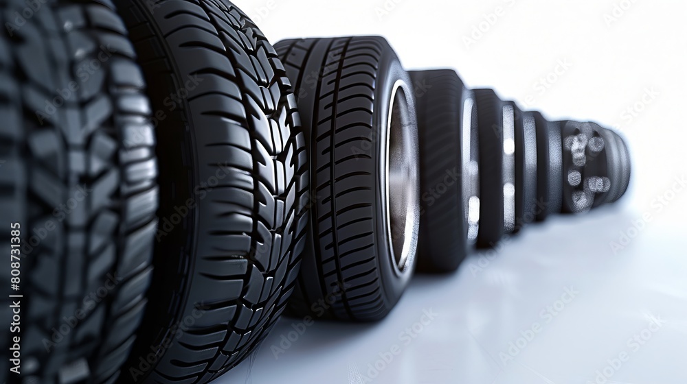 A row of tires on a white background. A row of tires on a white background.