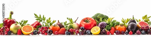 Wide panoramic photo of fruits  vegetables  berries for your layout  isolated on a white background. 