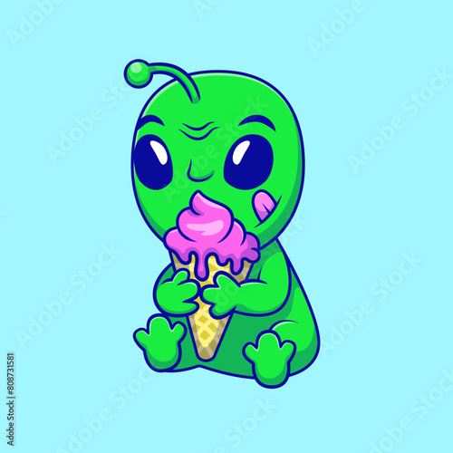 Cute Alien Eating Ice Cream Cartoon Vector Icons Illustration. Flat Cartoon Concept. Suitable for any creative project.