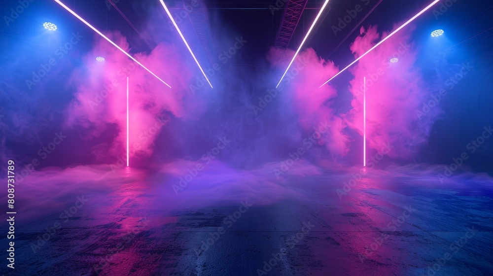 Smoke bombs, an empty dark scene, neon lights, spotlights, concrete floor, studio room, smoke floating up the interior texture for display products at night. Smoke bombs, an empty dark scene, neon lights, spotlights, concrete floor, studio room, smoke floating up the interior texture for display products at night.
