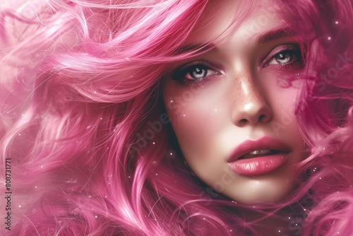 Close-up of a dreamy woman with flowing pink hair and sparkling makeup