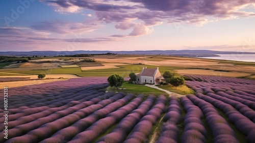 Fields of lavender and an old house in the lavender fields of Provence province, France.