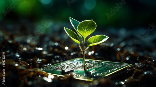 A small green plant is growing on top of a computer chip. Concept of growth and progress, as the plant is thriving in an unlikely environment photo