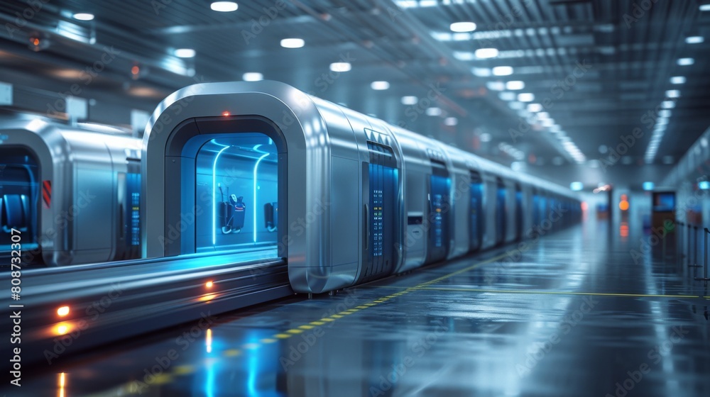 A dynamic 3D animation illustrating the operation of a state-of-the-art baggage inspection system, emphasizing its critical role in maintaining security