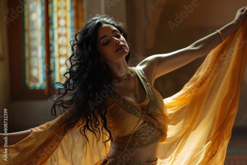 Elegant dancer in ornate attire exemplifies the beauty of classical indian dance photo