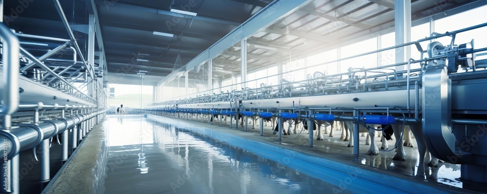 A large industrial building with a blue floor and a lot of cows A large industrial building with a blue floor and a lot of cows