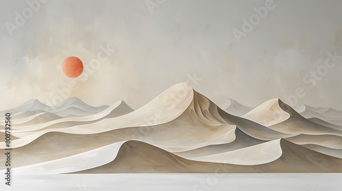 A minimalist interpretation of a desert scene, focusing on the simplicity and fluidity of sand dunes in a monochrome umber setting, capturing the essence of desert isolation. photo