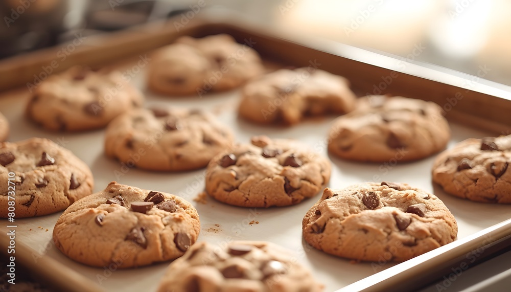 Homemade Chocolate Chip Cookies Fresh Out of the Oven on a Baking Sheet Homemade Chocolate Chip Cookies Fresh Out of the Oven on a Baking Sheet
