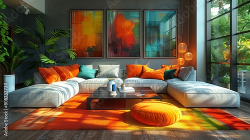 A modern living room with clean lines, neutral tones, and pops of vibrant color in the accent decor.