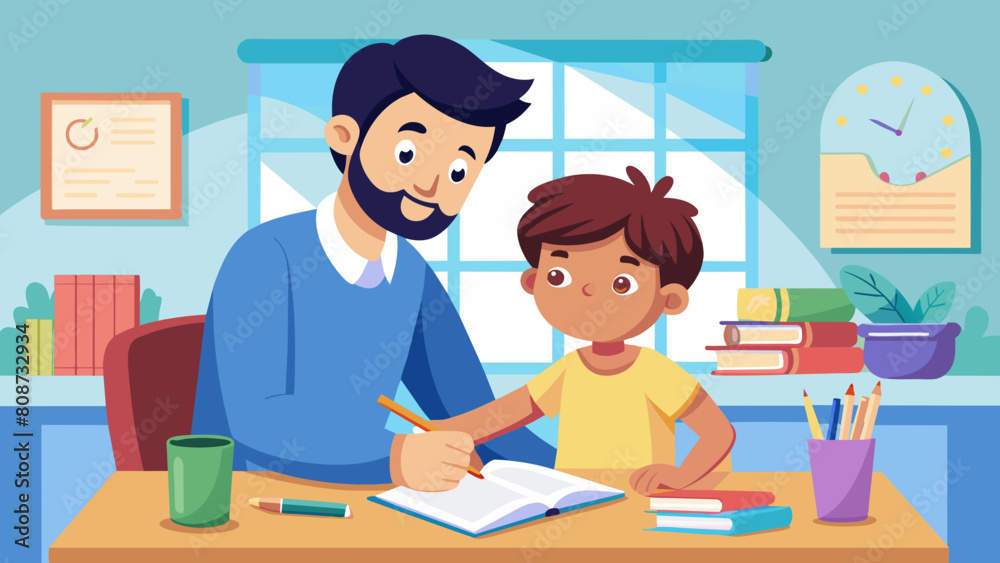 Man Helping Child with Homework and Writing. Perfect for: Father's Day, Children's Day, Back to School Day
, Education Support, Tutoring Sessions, Parental Guidance.