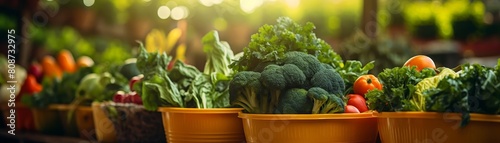 A variety of vegetables are displayed in yellow bowls, including broccoli, carrots, and oranges. Concept of abundance and freshness, as the vegetables are arranged in neat rows
