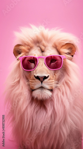 Contemporary collage lion head with pink mane in sunglasses. Fashion,artwork emotions, ad, sales, surrealism concept. Poster, banner and flyer. Look calm, and respectably © Ekaterina