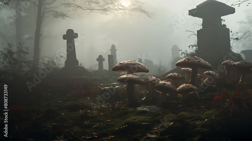 Agaricus mushrooms growing in a peaceful cemetery, with old, weathered tombstones and a gentle fog.