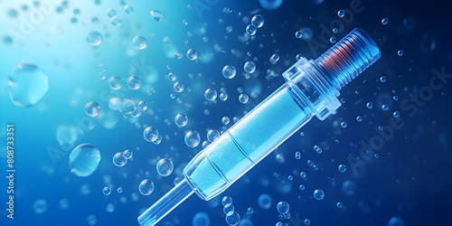Syringe with bent and broken needle and medicinal droplets water bright blue background. photo