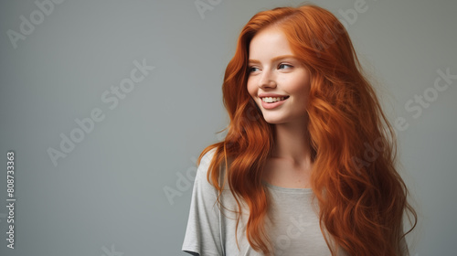 Happy red-headed woman in casual shirt, smiling towards the camera 