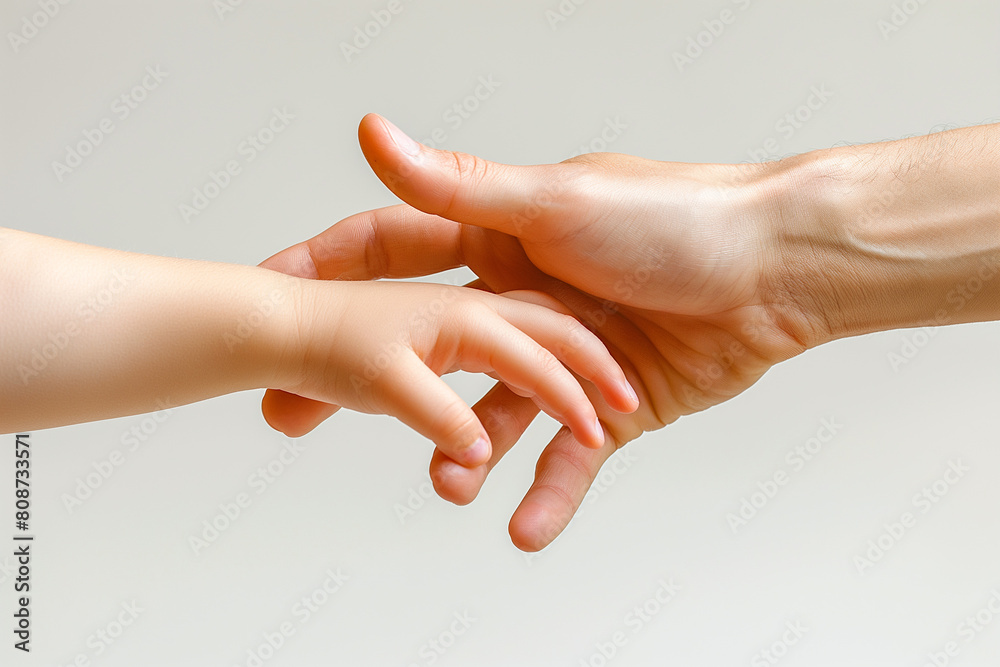 Closeup of the hand and arm of an adult, with one finger extended upwards to touch a baby's palm, set against a white background. 

