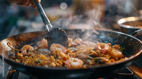 Hot stir fried Pad Thai with shrimp in Thai restaurant. Shrimp Pad Thai or Padthai fried noodles is famous street food photo