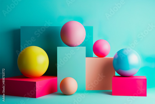 Colorful geometric shapes of smooth, shiny spheres on square platforms