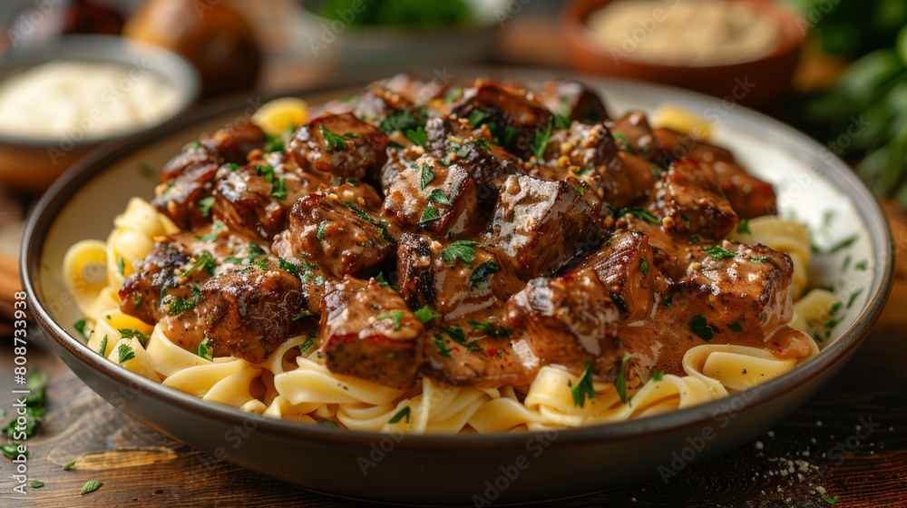 Capture the savory aroma and tender texture of a plate of beef stroganoff, featuring tender strips of beef, creamy sauce Capture the savory aroma and tender texture of a plate of beef stroganoff, featuring tender strips of beef, creamy sauce