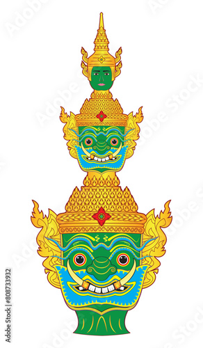 Art vector Head of Thailand giant temple guard sculpture or THAI YAK or Yaksa - The Tossakan or Thotsakan or Ravana mask crown in Ramakien or Ramayana Mahabharata literature with green color body draw