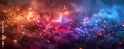 A glowing pink and purple star shines brightly against a background of swirling blue and orange clouds.
