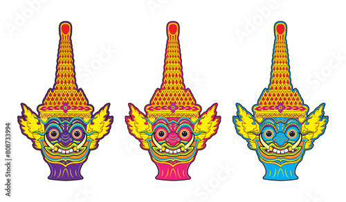 Three color Head of Thailand giant temple guard sculpture called THAI YAK or Yaksa – Thai giant in Thailand Ramakien or Ramayana Mahabharata literature with beautiful detailed drawing in colourful car photo