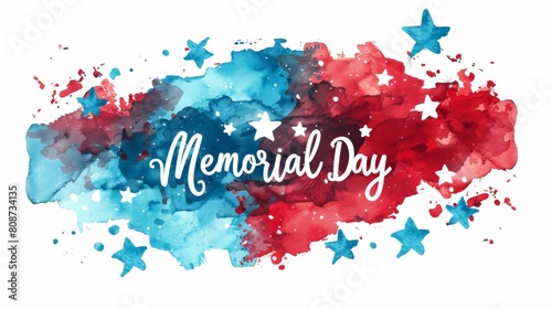 USA Memorial day background. Abstract grunge paint splashes in colors of flag of United States of America with calligraphy text, stars decoration.