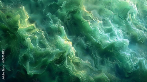 A modern digital artwork featuring swirling algae in vibrant green waters, with a hint of digital glitch art to enhance the abstract nature. © LuvTK
