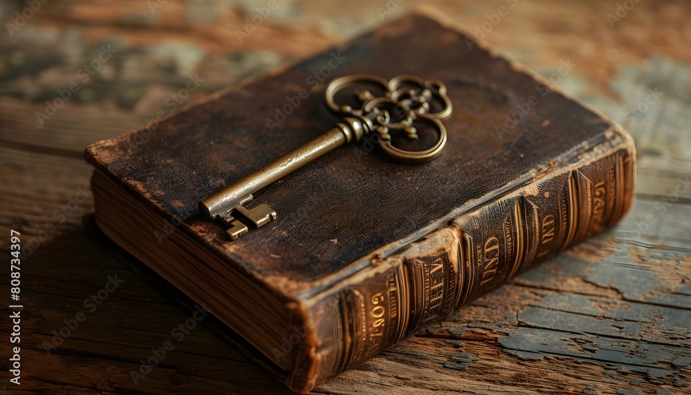 Antique Book with an Ornate Key Resting on its Cover on a Wooden Table Antique Book with an Ornate Key Resting on its Cover on a Wooden Table