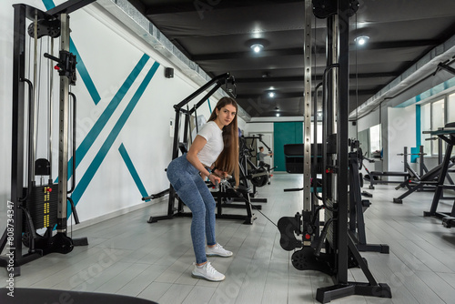 Young slim woman execute exercise with exercise-machine at gym © RomanR