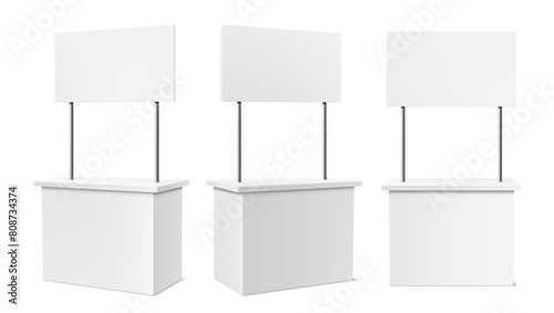 Advertising booth stand. Realistic 3d vector blank modern simple racks, displays or counters, promotional desks for exhibition or retail. Clean empty promo tables with signboard isolated white mockup