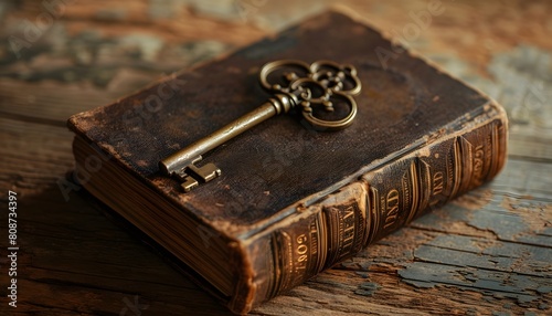 Antique Book with an Ornate Key Resting on its Cover on a Wooden Table
