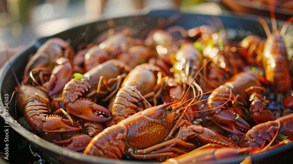 many boiled crayfish served and served in a pan for lunch many boiled crayfish served and served in a pan for lunch