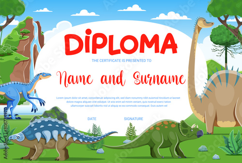 Kids diploma, Jurassic era cartoon dinosaur characters. Vector recognition or achievement certificate template for children. Honor frame for triumph or graduation celebration with Prehistoric dino