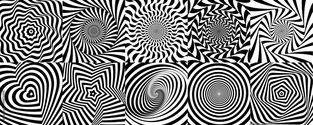 Hypnotic spiral pattern and psychedelic hypnosis swirls, vector backgrounds. Abstract optical illusion and hypnotic patterns with trippy black and white twist distortion, warp heart and star shapes